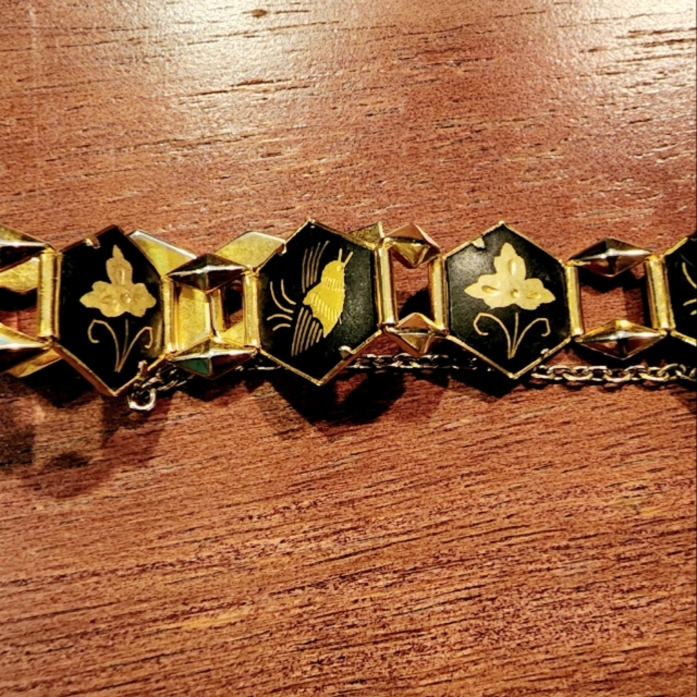 Vintage Gold Tone Damascene Bracelet with Safety Chain